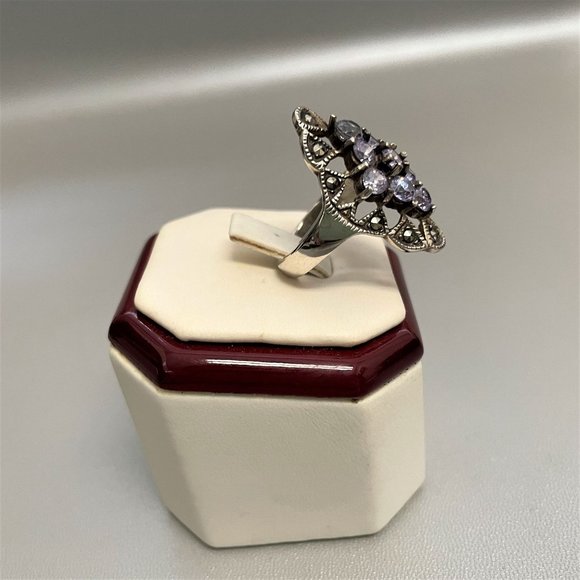 Simulated Tanzanite Marcasite Cluster Large Heavy Cocktail Ring 8 VGC - Picture 9 of 12